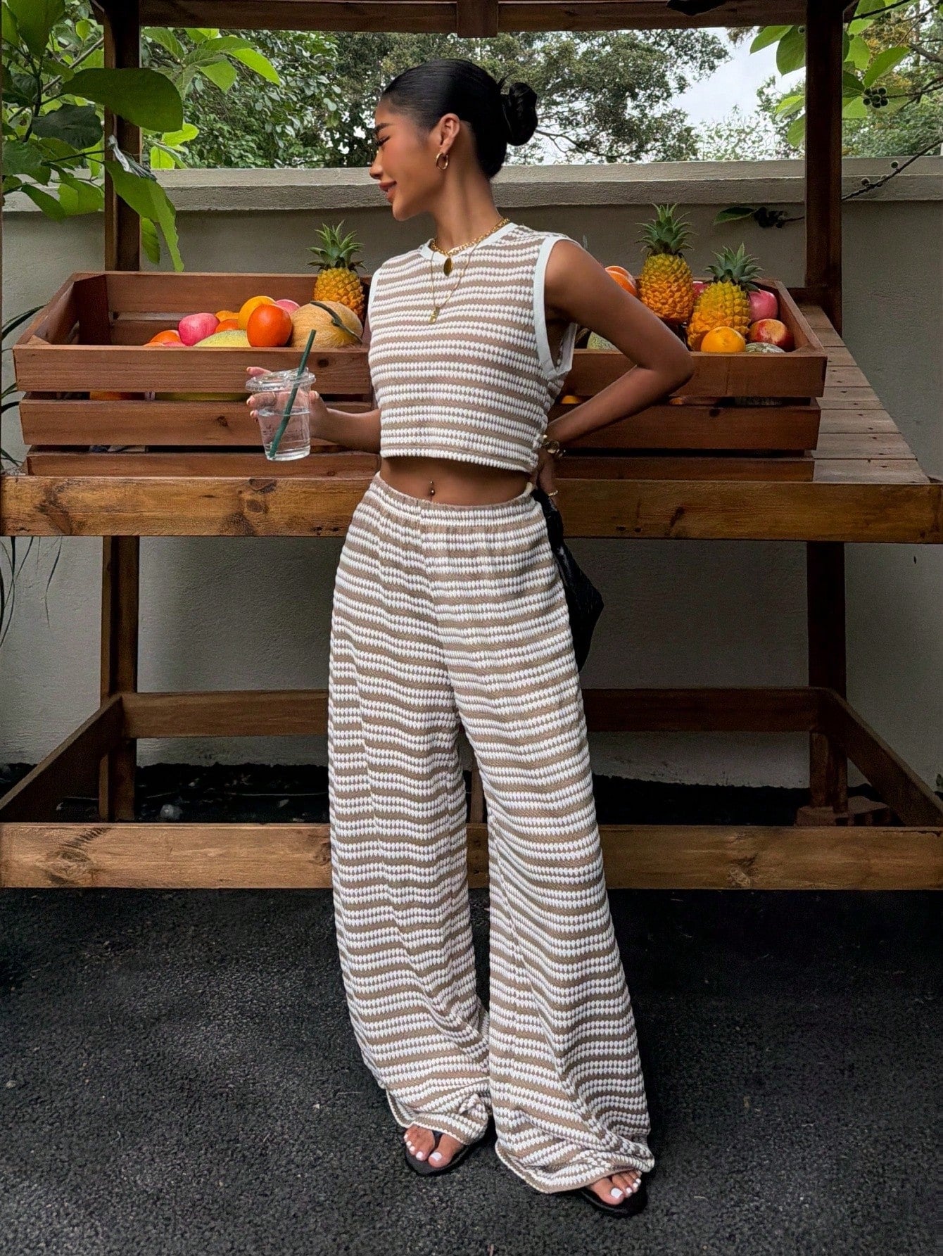 Muchica Women's Summer White And Brown Stripe Knit 2-Piece Outfit, Sleeveless Crop Top Wide Leg Pants Co-Ord, Casual Resort Holiday Set, Vacation Outfits