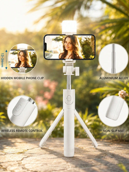 Multifunctional Bluetooth Selfie Stick Tripod With Remote Control And Fill Light, Phone Holder Live Streaming Tripod, Universal Photography Travel Selfie Gadget