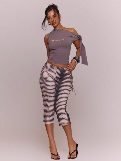 MUSERA Asymmetric Dipped Front Cut Out Lace Up Animal Print Fitted Capri Pants Cute Holiday Summer Festival Cool Girl Vintage Evening Party Vacation
