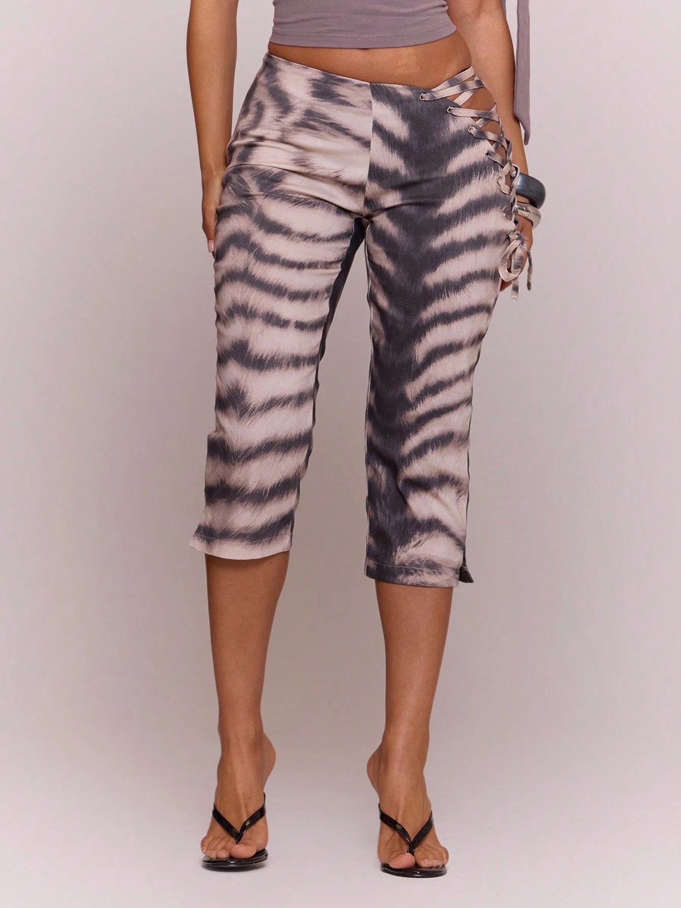 MUSERA Asymmetric Dipped Front Cut Out Lace Up Animal Print Fitted Capri Pants Cute Holiday Summer Festival Cool Girl Vintage Evening Party Vacation
