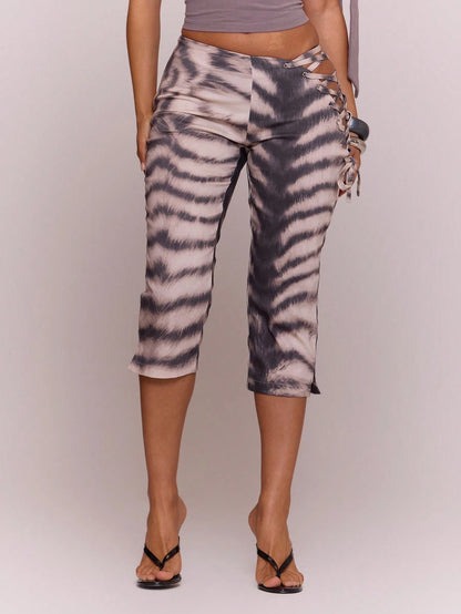 MUSERA Asymmetric Dipped Front Cut Out Lace Up Animal Print Fitted Capri Pants Cute Holiday Summer Festival Cool Girl Vintage Evening Party Vacation