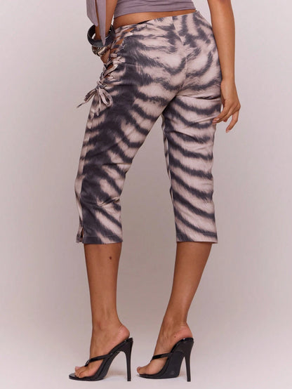 MUSERA Asymmetric Dipped Front Cut Out Lace Up Animal Print Fitted Capri Pants Cute Holiday Summer Festival Cool Girl Vintage Evening Party Vacation
