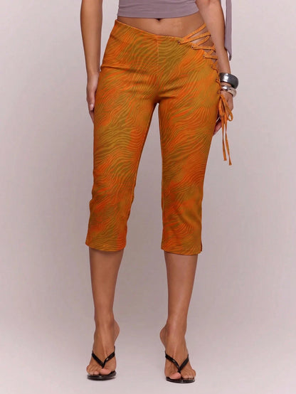 MUSERA Asymmetric Dipped Front Cut Out Lace Up Animal Print Fitted Capri Pants Cute Holiday Summer Festival Cool Girl Vintage Evening Party Vacation