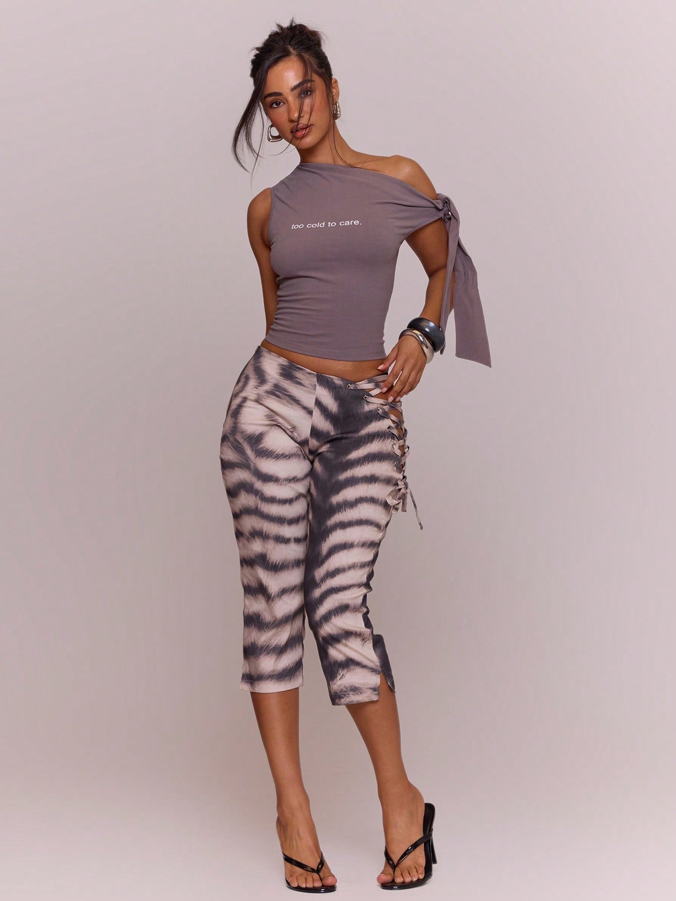 MUSERA Asymmetric Dipped Front Cut Out Lace Up Animal Print Fitted Capri Pants Cute Holiday Summer Festival Cool Girl Vintage Evening Party Vacation