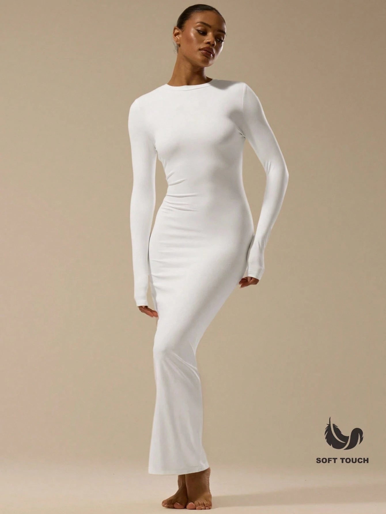 MUSERA ESSENTIALS Soft Touch Long Sleeve Fitted Midaxi Dress Basic Spring Summer Cute Casual Vacation White Dresses For Women Ibiza Beach Holiday Night Out