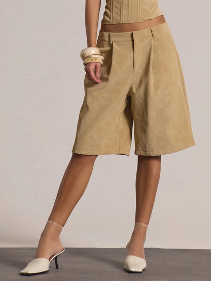 MUSERA Low Waist Pleat Longline Suede Bermuda Shorts Only Casual Going Out Sexy Everyday Night Out Cute Party Spring Summer