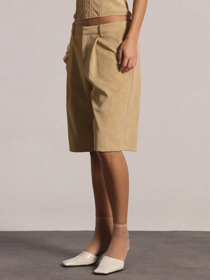 MUSERA Low Waist Pleat Longline Suede Bermuda Shorts Only Casual Going Out Sexy Everyday Night Out Cute Party Spring Summer