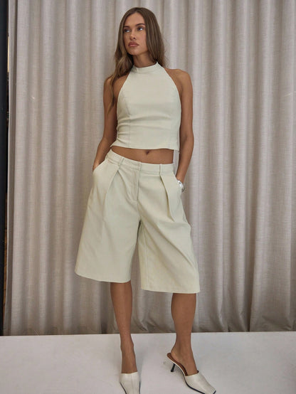 MUSERA Pleated Straight Fit Tailored Longline Shorts Only Classy Sexy Streetwear Night Out Party Elegant Spring Casual Summer Holiday