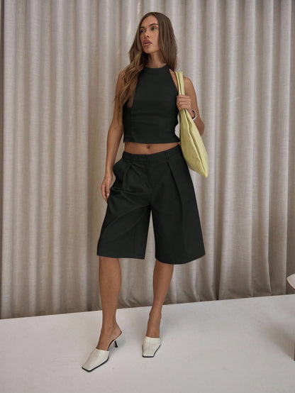 MUSERA Pleated Straight Fit Tailored Longline Shorts Only Classy Sexy Streetwear Night Out Party Elegant Spring Casual Summer Holiday