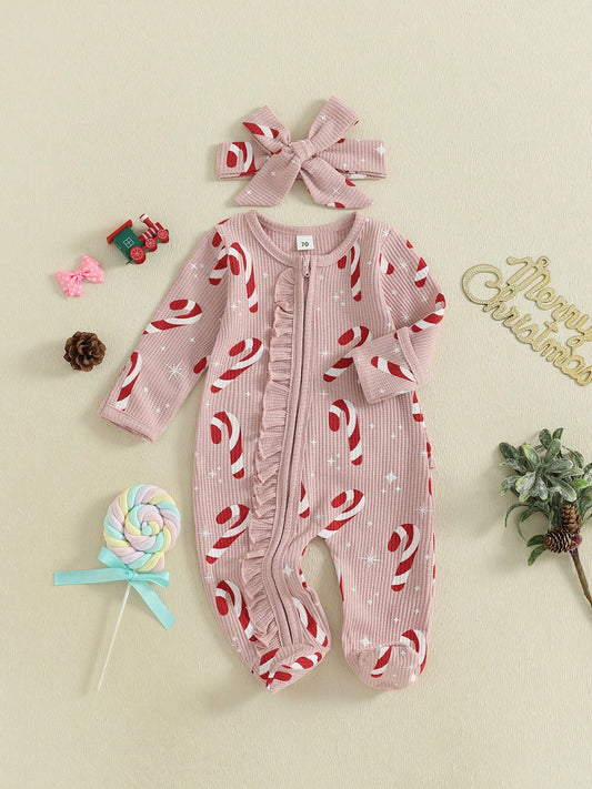 My First Christmas Baby Girl Boy Outfit Newborn Christmas Waffle Knit Ruffle Footie Romper Jumpsuit Xmas Clothes