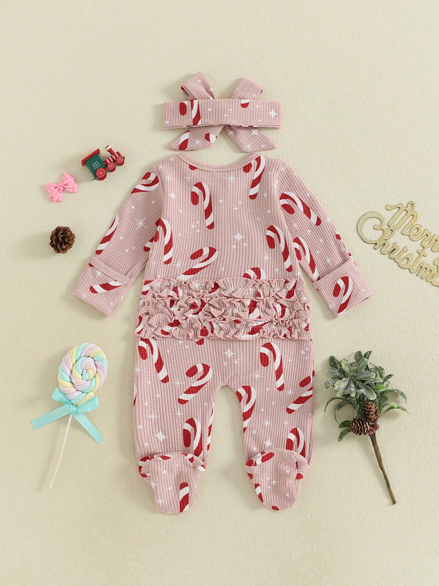 My First Christmas Baby Girl Boy Outfit Newborn Christmas Waffle Knit Ruffle Footie Romper Jumpsuit Xmas Clothes