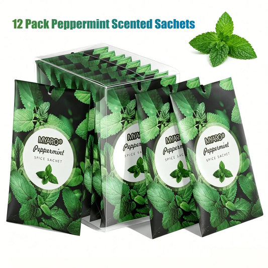 MYARO 12 Pack Peppermint Scented Sachets For Drawer, Closet Odor Eliminator Air Freshener Bags, Cool Mint Fragrance For Car & Home Aroma