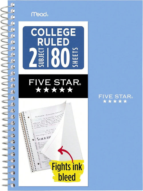 New-2026Five Star Spiral Notebook, 2 Subject, College Ruled Paper, 6" X 9.5", 80 Sheets, Blue (Color May Vary) (840029CG1), Back To School