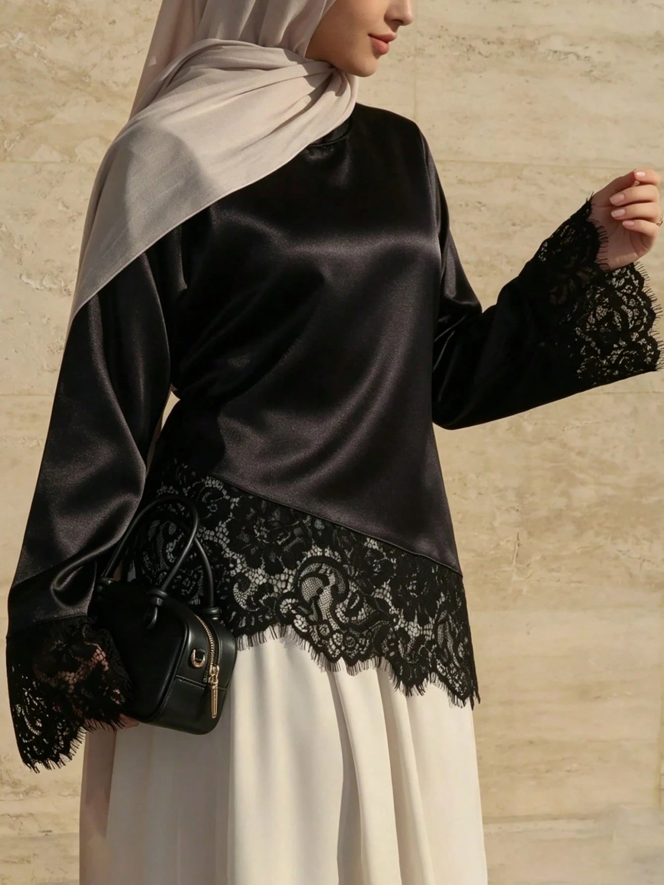 New Arrival Plus Size Women's Fashion Elegant Lace Patchwork Long Sleeve T-Shirt Black, Chic & Elegant
