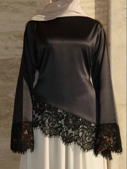 New Arrival Plus Size Women's Fashion Elegant Lace Patchwork Long Sleeve T-Shirt Black, Chic & Elegant