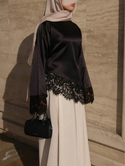 New Arrival Plus Size Women's Fashion Elegant Lace Patchwork Long Sleeve T-Shirt Black, Chic & Elegant