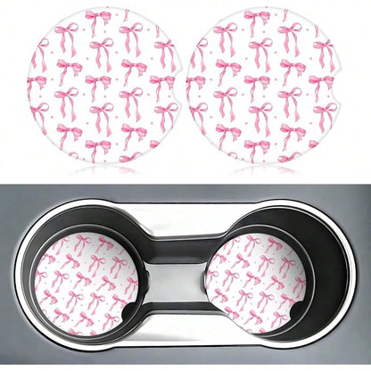 NEW- Bow Car Coasters For Cup Holders,2 Pack Car Cup Holder Coasters For Car,Ceramic Absorbent Car Coaster With A Finger Notch And Cork Base,Car Interior Accessories For Women Men