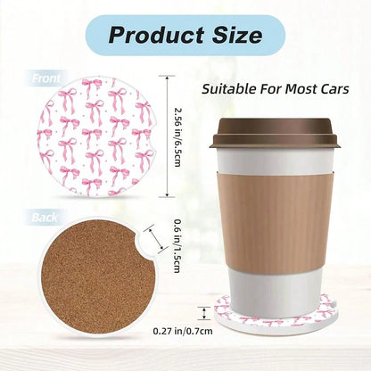NEW- Bow Car Coasters For Cup Holders,2 Pack Car Cup Holder Coasters For Car,Ceramic Absorbent Car Coaster With A Finger Notch And Cork Base,Car Interior Accessories For Women Men
