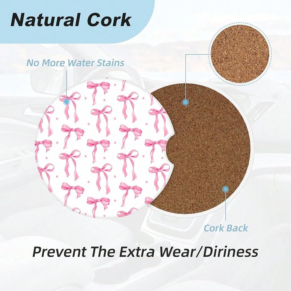 NEW- Bow Car Coasters For Cup Holders,2 Pack Car Cup Holder Coasters For Car,Ceramic Absorbent Car Coaster With A Finger Notch And Cork Base,Car Interior Accessories For Women Men