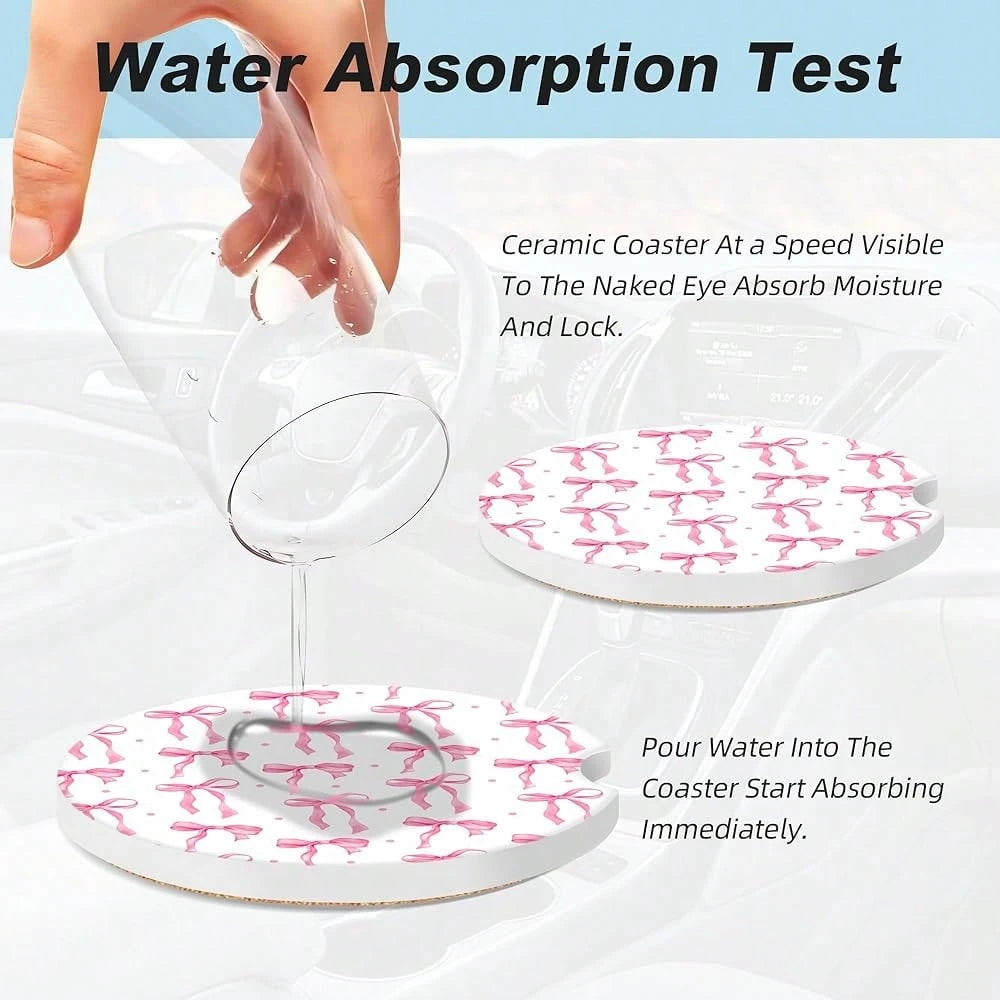 NEW- Bow Car Coasters For Cup Holders,2 Pack Car Cup Holder Coasters For Car,Ceramic Absorbent Car Coaster With A Finger Notch And Cork Base,Car Interior Accessories For Women Men