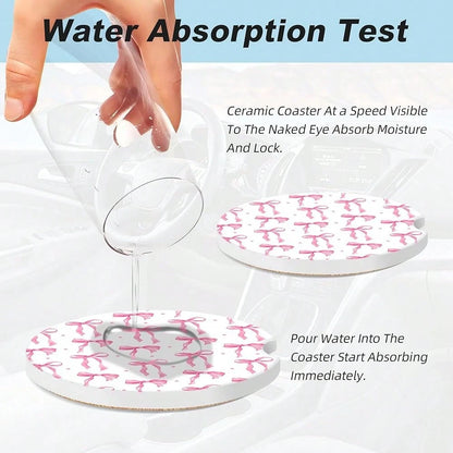 NEW- Bow Car Coasters For Cup Holders,2 Pack Car Cup Holder Coasters For Car,Ceramic Absorbent Car Coaster With A Finger Notch And Cork Base,Car Interior Accessories For Women Men