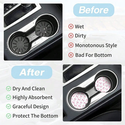 NEW- Bow Car Coasters For Cup Holders,2 Pack Car Cup Holder Coasters For Car,Ceramic Absorbent Car Coaster With A Finger Notch And Cork Base,Car Interior Accessories For Women Men