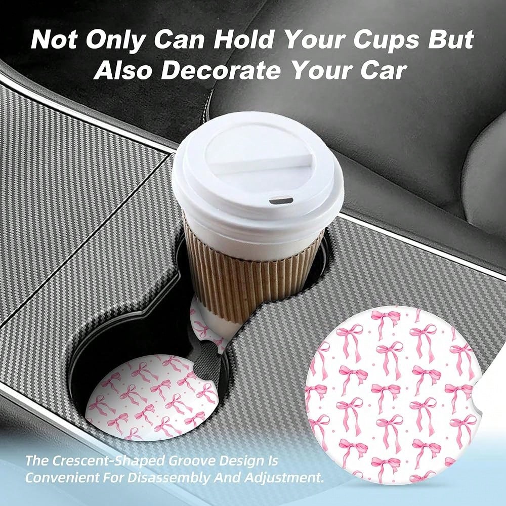 NEW- Bow Car Coasters For Cup Holders,2 Pack Car Cup Holder Coasters For Car,Ceramic Absorbent Car Coaster With A Finger Notch And Cork Base,Car Interior Accessories For Women Men