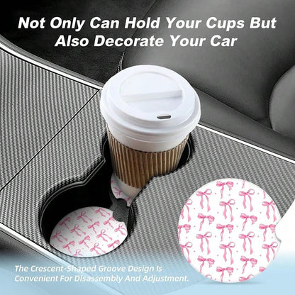 NEW- Bow Car Coasters For Cup Holders,2 Pack Car Cup Holder Coasters For Car,Ceramic Absorbent Car Coaster With A Finger Notch And Cork Base,Car Interior Accessories For Women Men