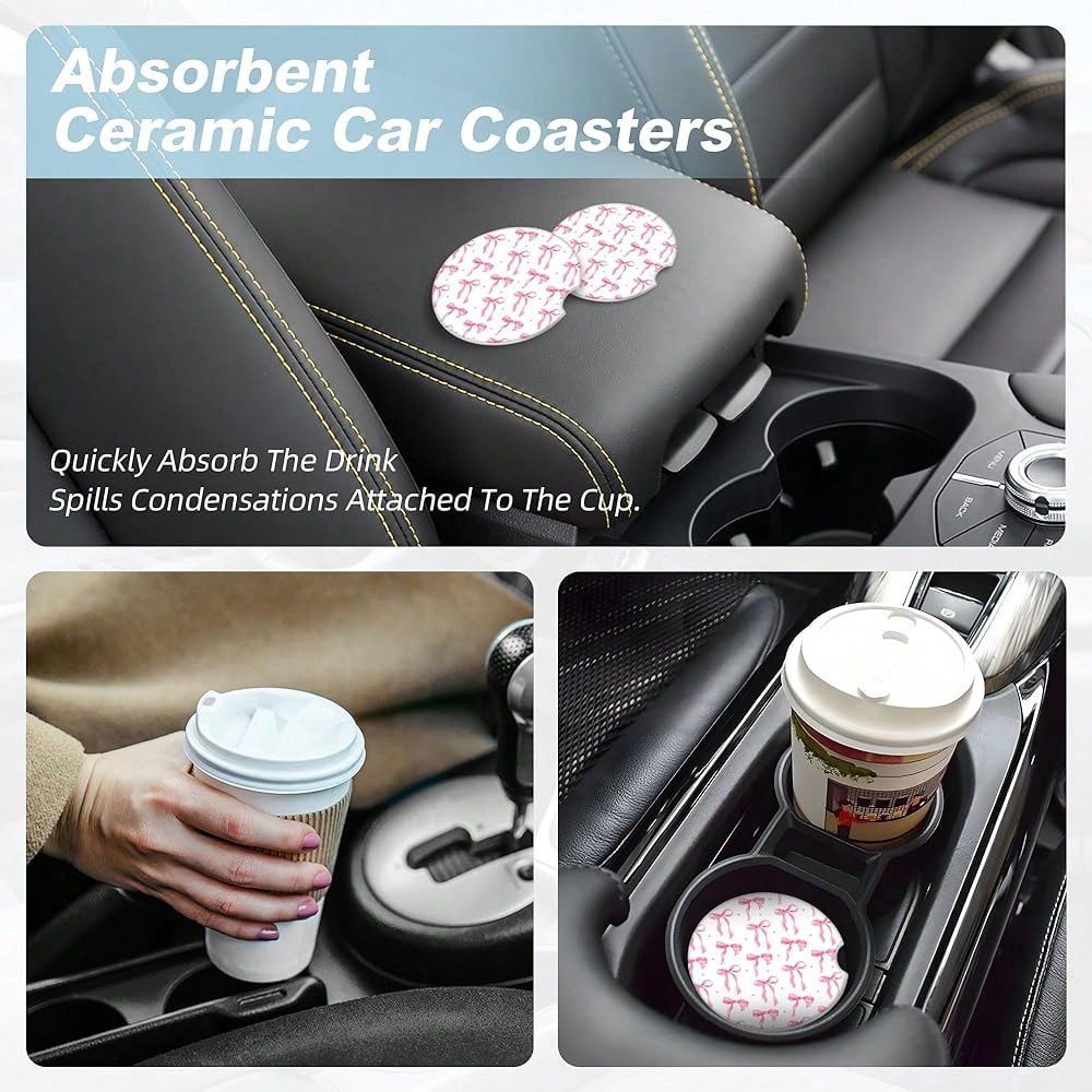 NEW- Bow Car Coasters For Cup Holders,2 Pack Car Cup Holder Coasters For Car,Ceramic Absorbent Car Coaster With A Finger Notch And Cork Base,Car Interior Accessories For Women Men