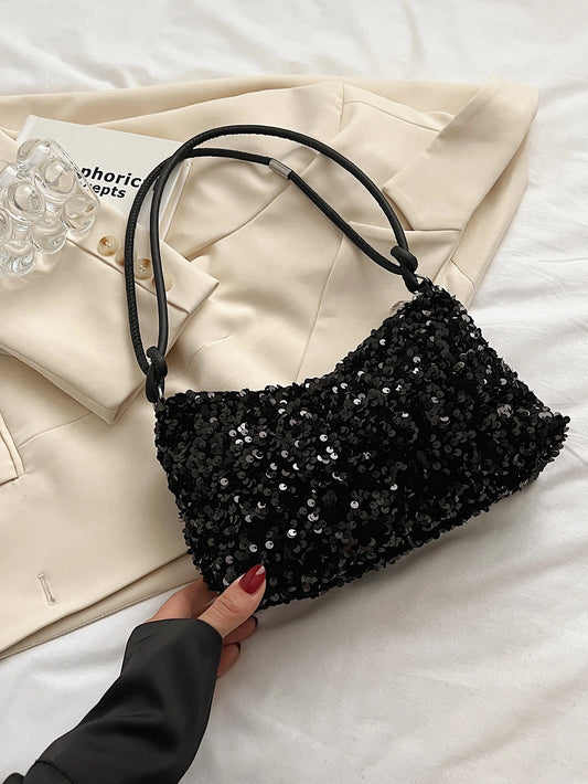 New Casual Black Tote Bag With Glitter Decor, Shoulder Strapback To School, Suitable For Teen Girls Women College Students