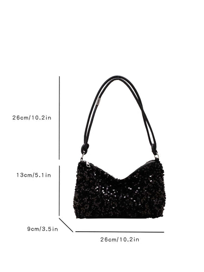 New Casual Black Tote Bag With Glitter Decor, Shoulder Strapback To School, Suitable For Teen Girls Women College Students