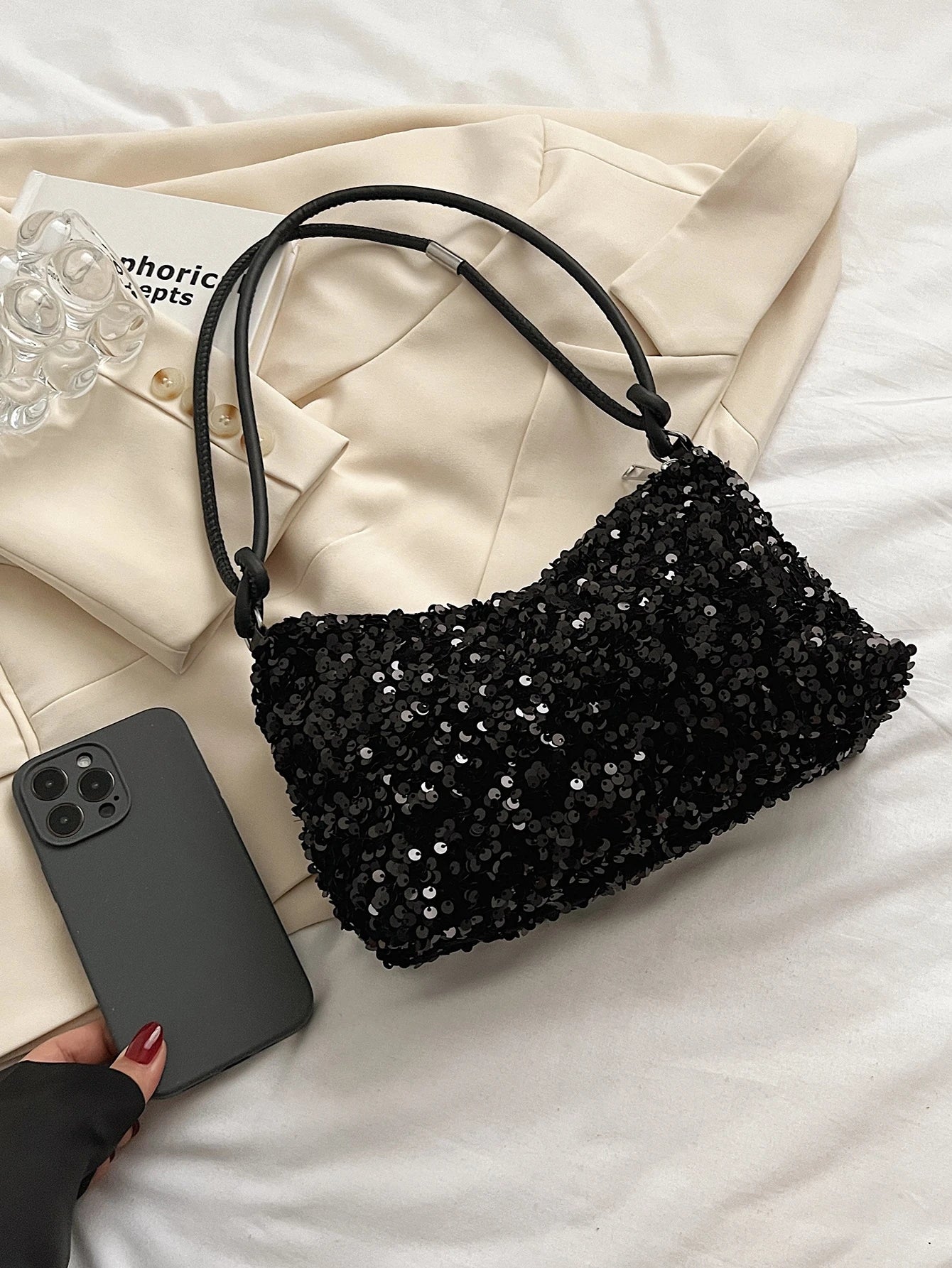 New Casual Black Tote Bag With Glitter Decor, Shoulder Strapback To School, Suitable For Teen Girls Women College Students