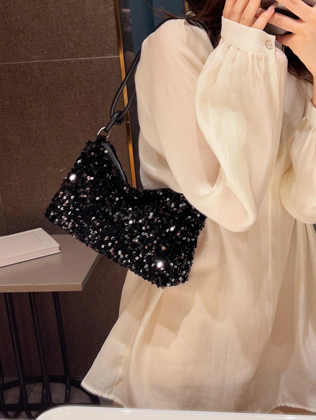New Casual Black Tote Bag With Glitter Decor, Shoulder Strapback To School, Suitable For Teen Girls Women College Students