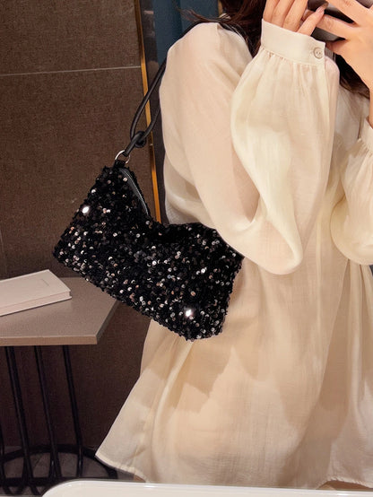 New Casual Black Tote Bag With Glitter Decor, Shoulder Strapback To School, Suitable For Teen Girls Women College Students