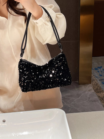 New Casual Black Tote Bag With Glitter Decor, Shoulder Strapback To School, Suitable For Teen Girls Women College Students