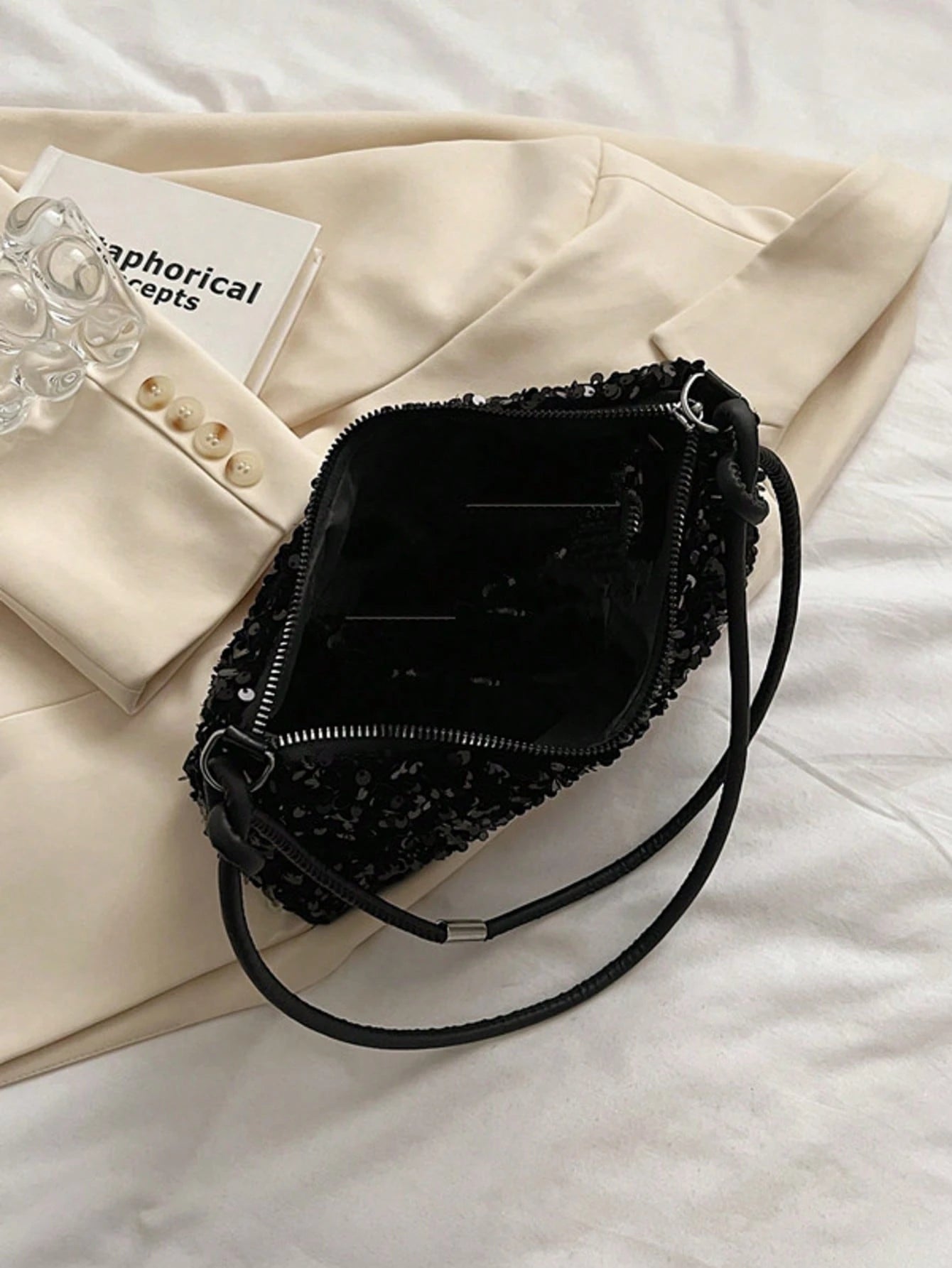 New Casual Black Tote Bag With Glitter Decor, Shoulder Strapback To School, Suitable For Teen Girls Women College Students