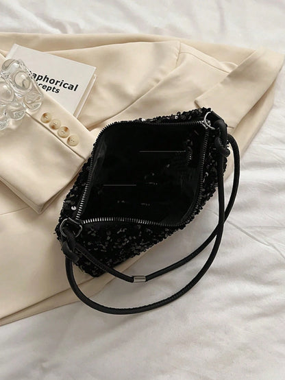 New Casual Black Tote Bag With Glitter Decor, Shoulder Strapback To School, Suitable For Teen Girls Women College Students