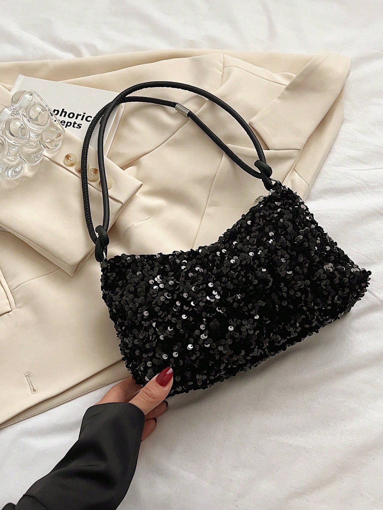 New Casual Black Tote Bag With Glitter Decor, Shoulder Strapback To School, Suitable For Teen Girls Women College Students