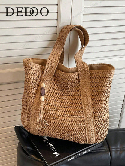 New Fashionable Versatile Tote Bag, Beach Vacation Bag, Lightweight Elegant Design Straw Woven Boho Style Shoulder Bag, Handbag, Large Capacity, Suitable For Women, College Students, Teenagers, With T