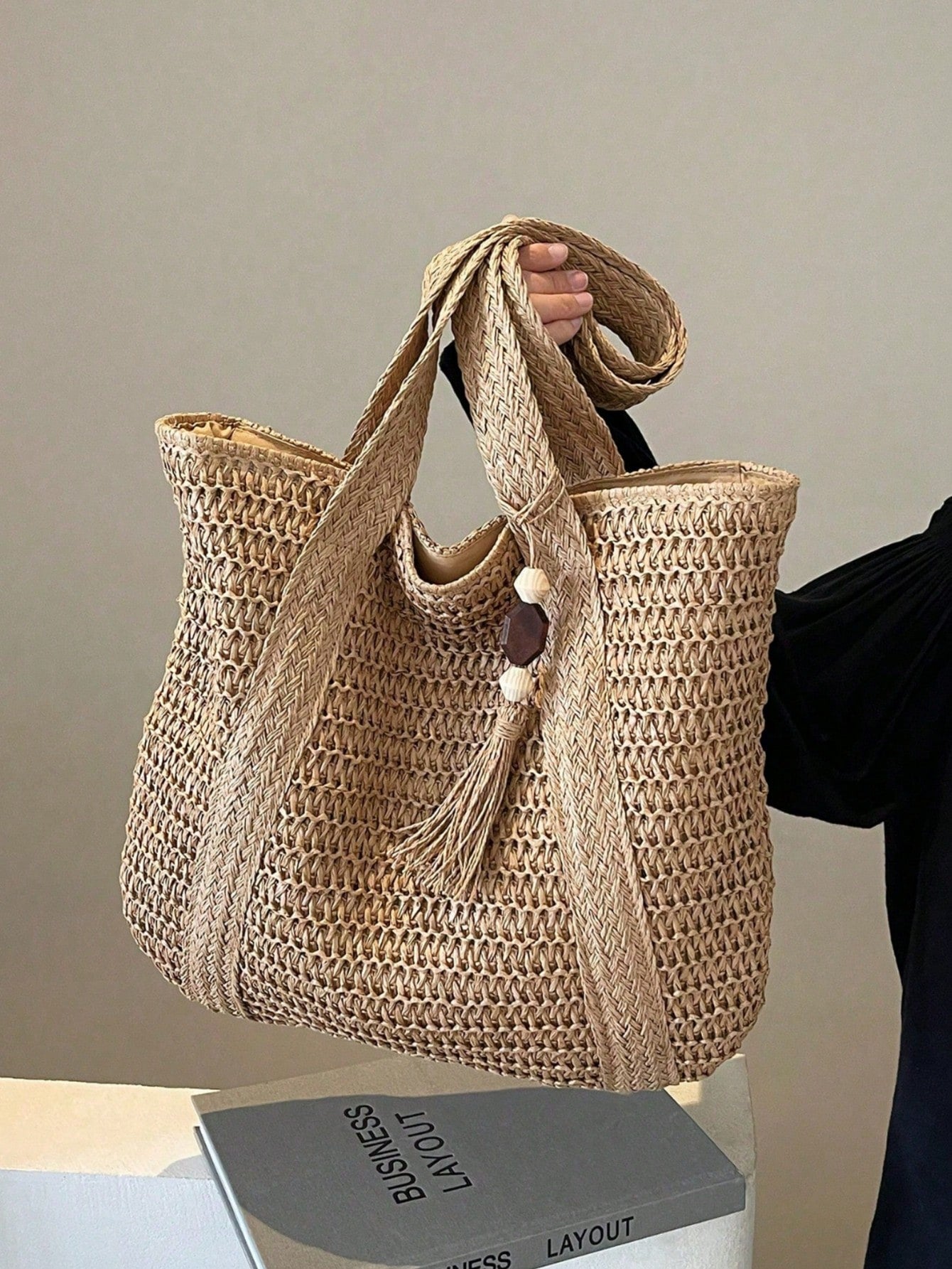 New Fashionable Versatile Tote Bag, Beach Vacation Bag, Lightweight Elegant Design Straw Woven Boho Style Shoulder Bag, Handbag, Large Capacity, Suitable For Women, College Students, Teenagers, With T