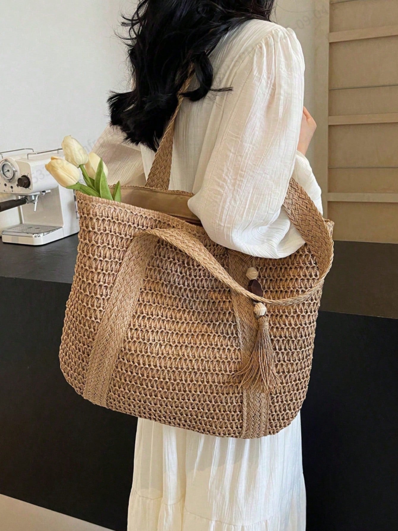New Fashionable Versatile Tote Bag, Beach Vacation Bag, Lightweight Elegant Design Straw Woven Boho Style Shoulder Bag, Handbag, Large Capacity, Suitable For Women, College Students, Teenagers, With T