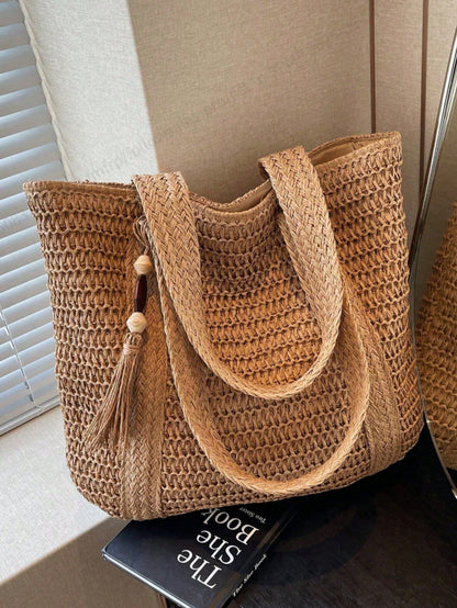 New Fashionable Versatile Tote Bag, Beach Vacation Bag, Lightweight Elegant Design Straw Woven Boho Style Shoulder Bag, Handbag, Large Capacity, Suitable For Women, College Students, Teenagers, With T
