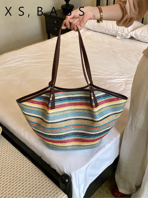 New Korean Style Rainbow Striped Colorblock Shoulder Handbag, Fashion Casual Tote Bag For Women