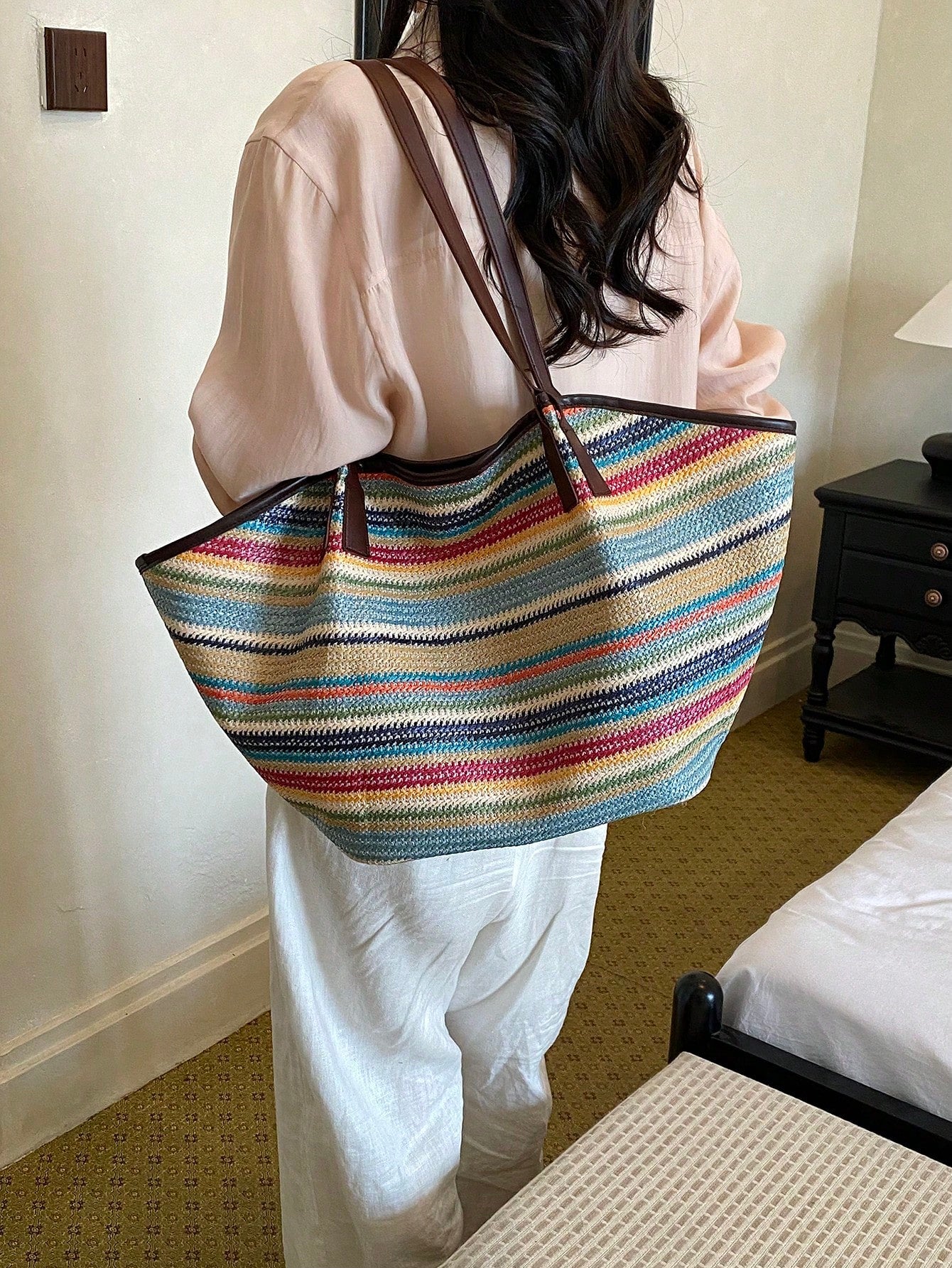 New Korean Style Rainbow Striped Colorblock Shoulder Handbag, Fashion Casual Tote Bag For Women