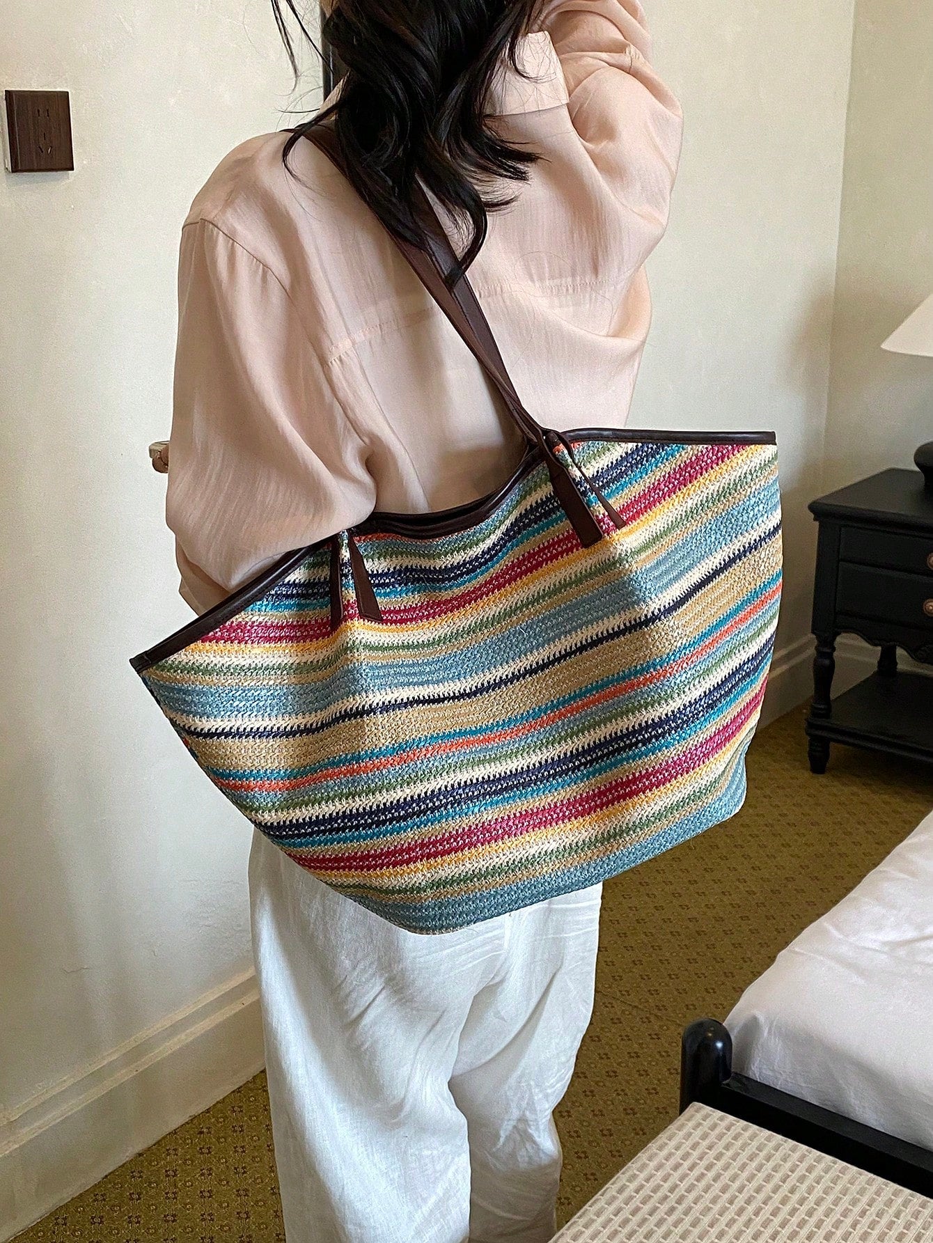 New Korean Style Rainbow Striped Colorblock Shoulder Handbag, Fashion Casual Tote Bag For Women