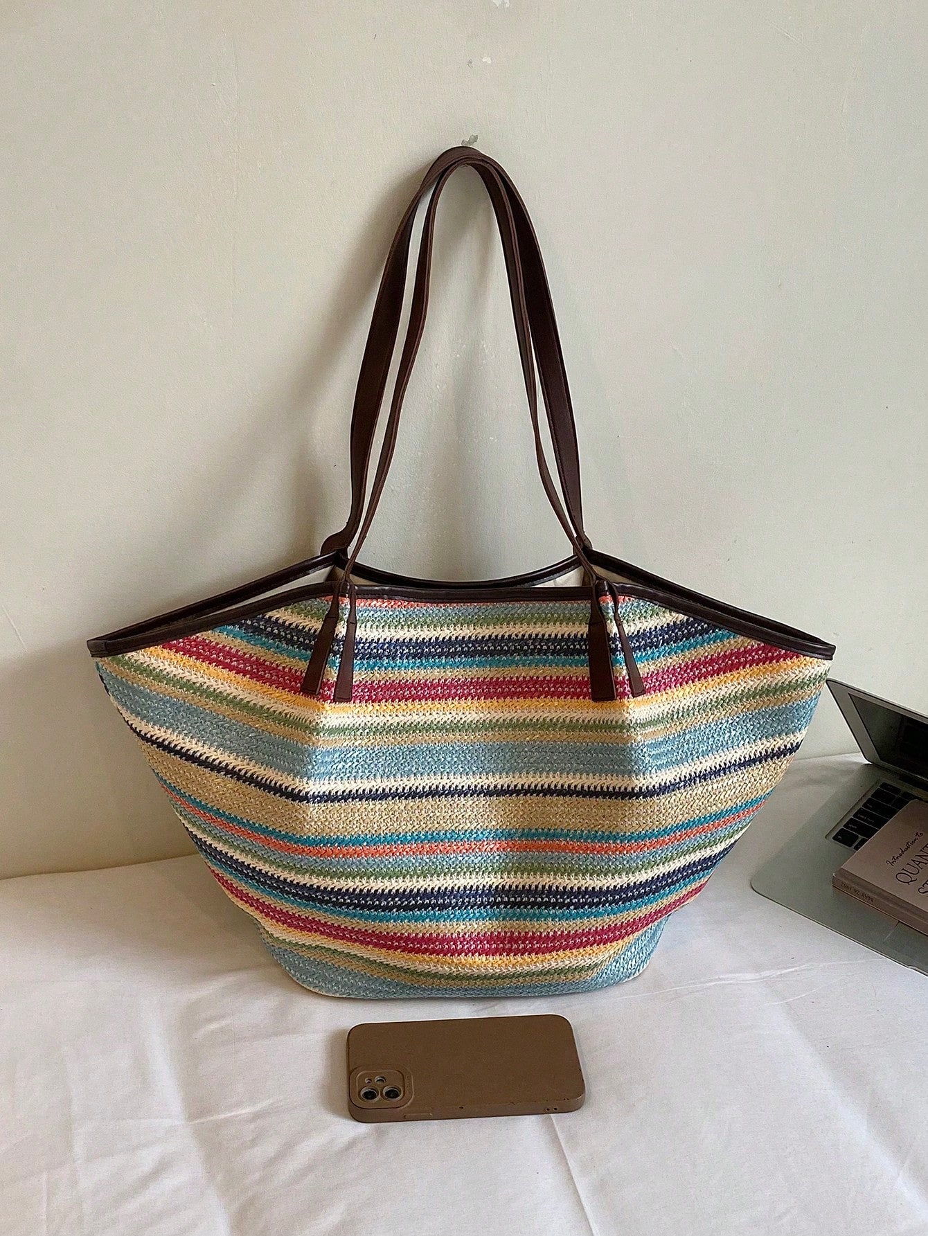 New Korean Style Rainbow Striped Colorblock Shoulder Handbag, Fashion Casual Tote Bag For Women
