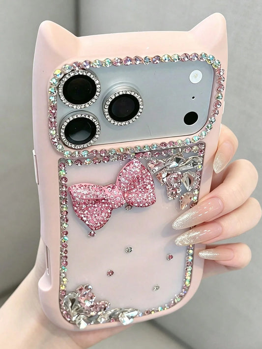 New Shiny Cat Ear High-End Protective Phone Case, Cute 3D Bow Diamond Shockproof Cover, Compatible With Iphone 17 Pro Max/17e, New Fashionable 16 Pro Max/13/14/15/16e