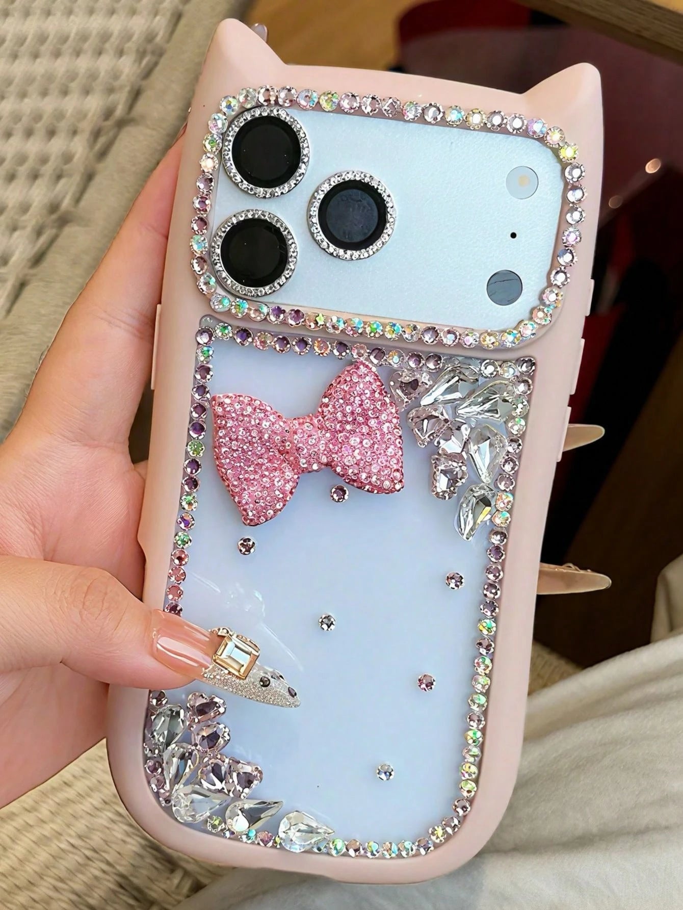 New Shiny Cat Ear High-End Protective Phone Case, Cute 3D Bow Diamond Shockproof Cover, Compatible With Iphone 17 Pro Max/17e, New Fashionable 16 Pro Max/13/14/15/16e