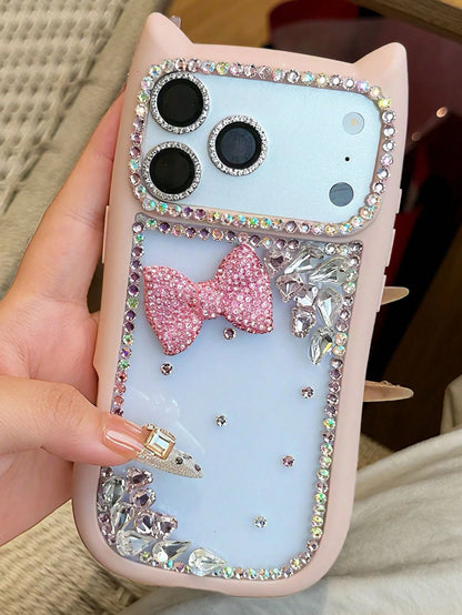 New Shiny Cat Ear High-End Protective Phone Case, Cute 3D Bow Diamond Shockproof Cover, Compatible With Iphone 17 Pro Max/17e, New Fashionable 16 Pro Max/13/14/15/16e