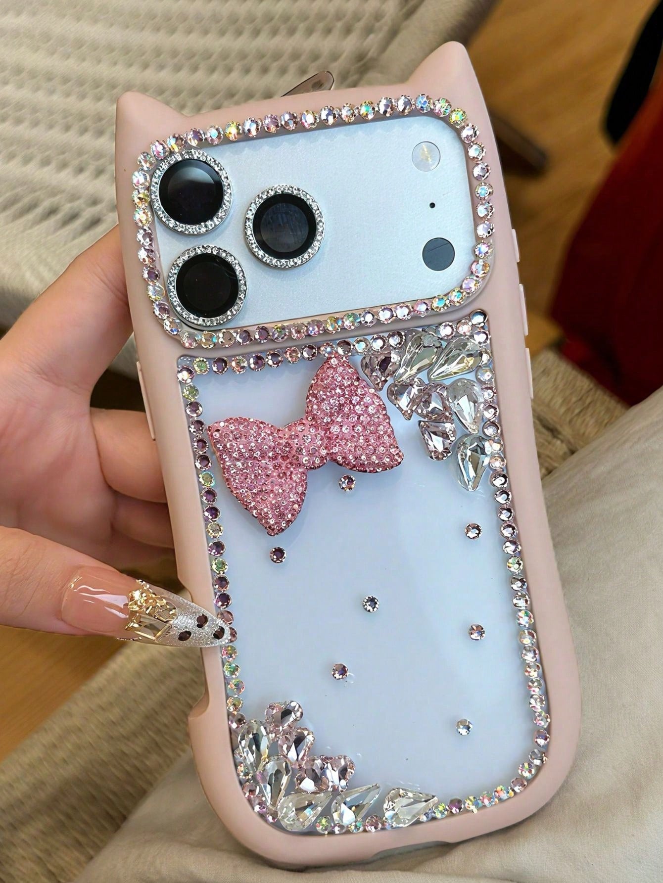 New Shiny Cat Ear High-End Protective Phone Case, Cute 3D Bow Diamond Shockproof Cover, Compatible With Iphone 17 Pro Max/17e, New Fashionable 16 Pro Max/13/14/15/16e